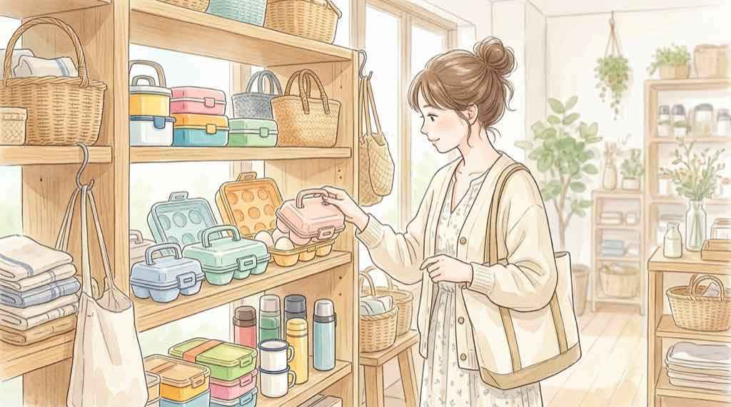 割れない卵ケースはどこで売ってる?店頭に並ぶ卵ケースを見比べる様子