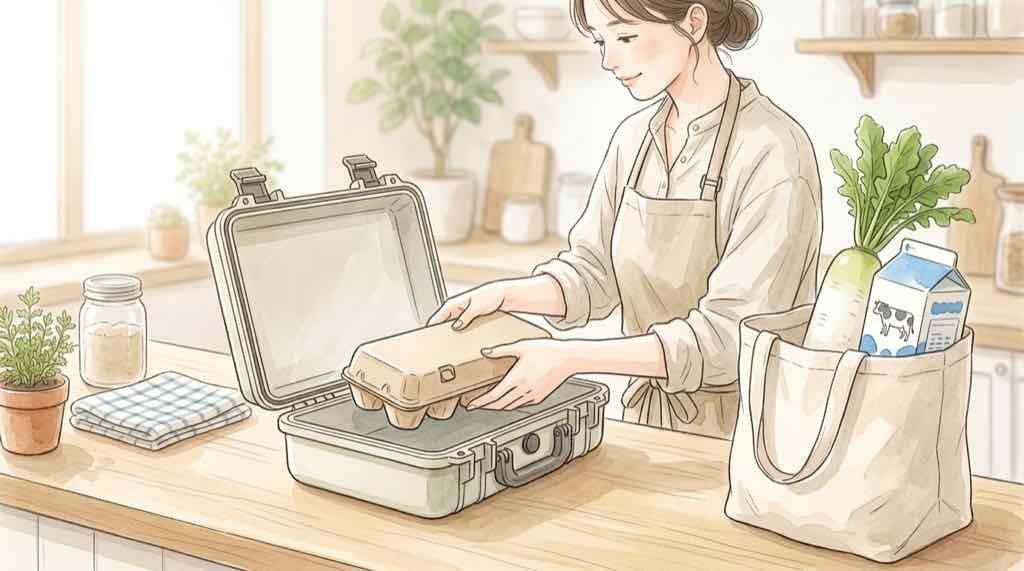 卵ケースをパックごと入れる方法。スーパーの10個入りパックを保護ケースへ収める様子