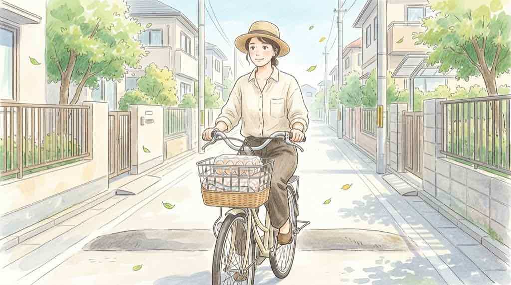 自転車で卵を割らずに持ち帰る。前カゴに卵ケースとタオルを入れて走る場面