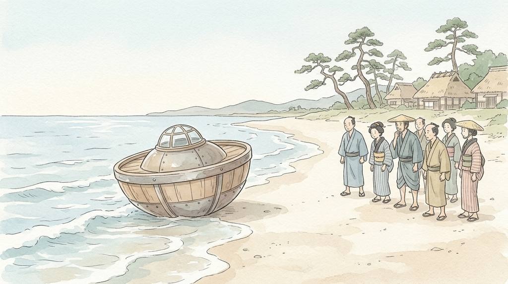 うつろ舟の正体と新史料を調べる江戸の浜辺の水彩イラスト