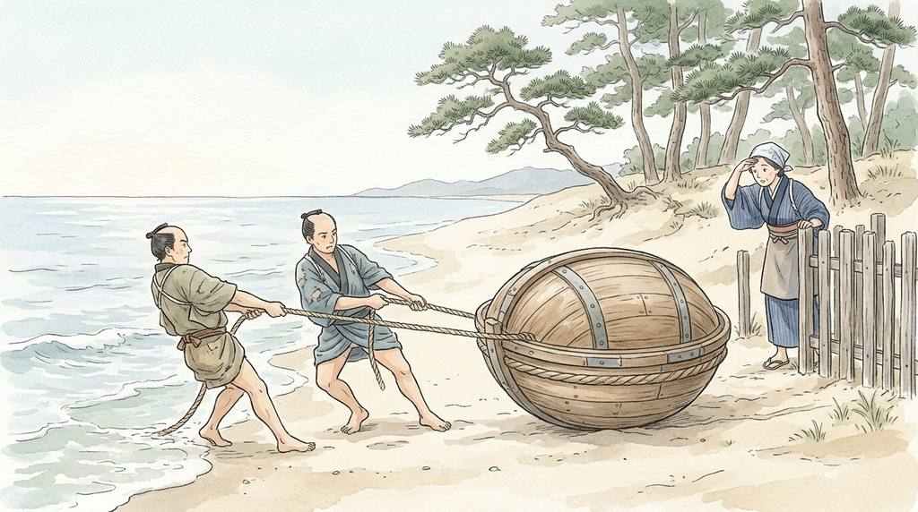 1803年のうつろ舟事件で浜に漂着した丸い舟と村人の水彩イラスト