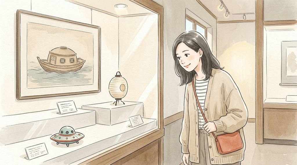 うつろ舟のUFO説と円盤型の挿絵を重ねた江戸の浜辺のイラスト