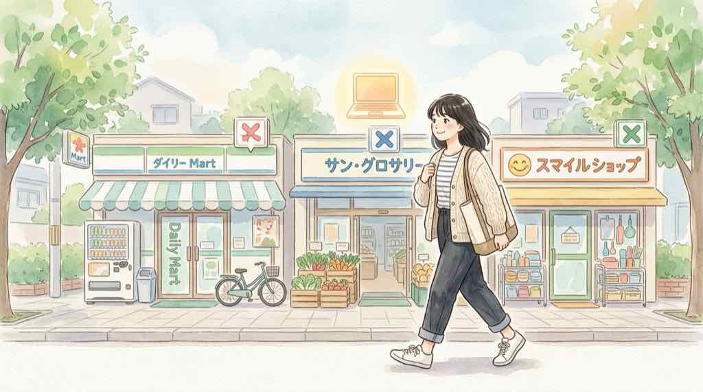 VIVANTビールがEC限定でコンビニに並ばない理由を調べる女性のイラスト