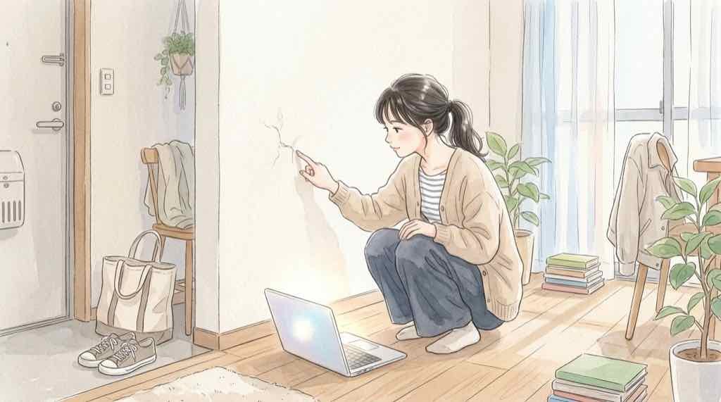 ブルーウォーカーと黒須の関係を象徴する、夜のパソコンルームと窓辺に置かれた古い傷のある壁