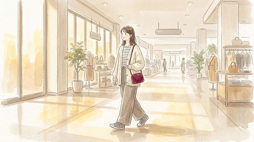 VIVANT 日本橋三越の混雑を避け夕方の中央ホールを歩く女性