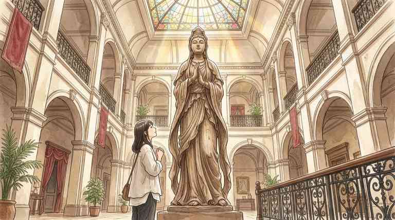 VIVANT 日本橋三越の天女像を見上げてロケ地を楽しむ女性