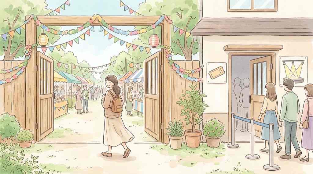 早稲田祭2026の入場無料エリアと有料ライブの違いを示す案内イラスト