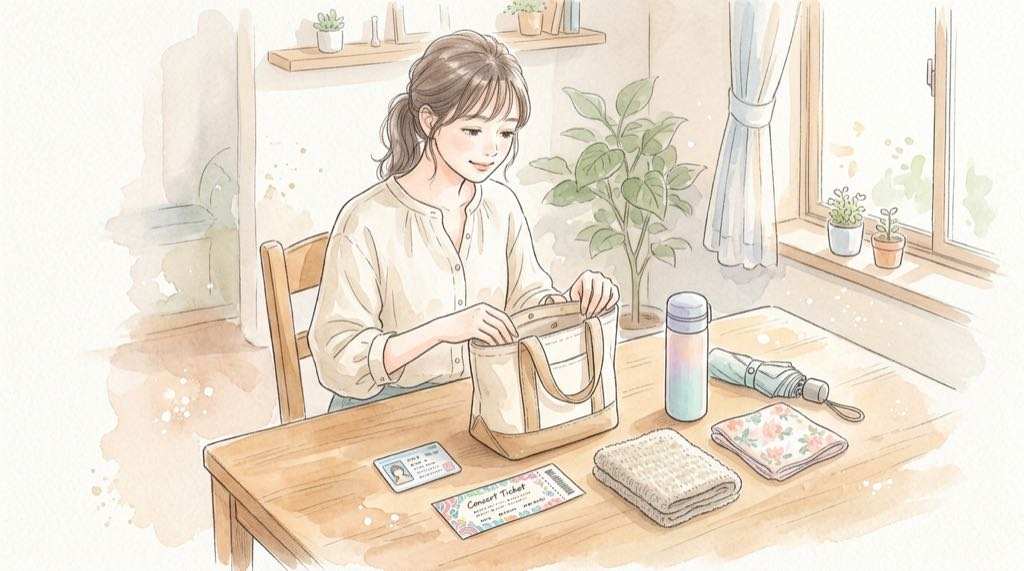 早稲田祭2026のゲストライブに行く前の持ち物と確認事項を並べたイラスト