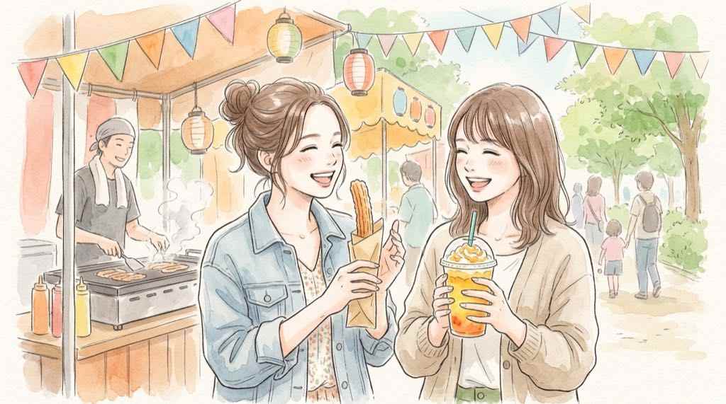 早稲田祭2026の屋台とワセメシを楽しむ来場者の和やかな雰囲気のイラスト