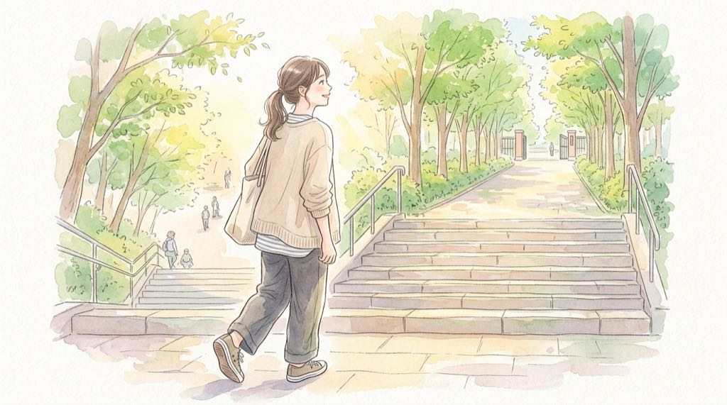 早稲田祭2026の公式アプリを見ながら早稲田駅から南門へ向かう来場者のイラスト