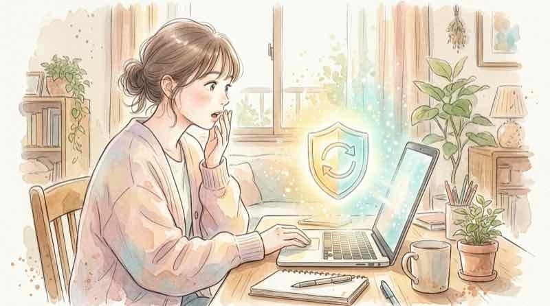 Windows緊急更新で自分のPCは対象か、更新を呼びかける、パソコンと更新通知のイラスト