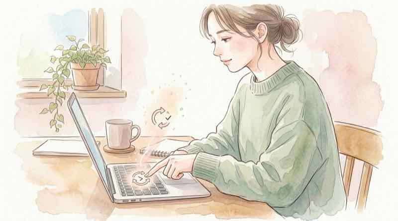 Windows Updateを開いて更新する手順を示す、設定画面と再起動ボタンのイラスト