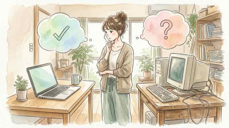 Windows 11とWindows 10の対象バージョンを確認する、パソコン画面と一覧表のイラスト