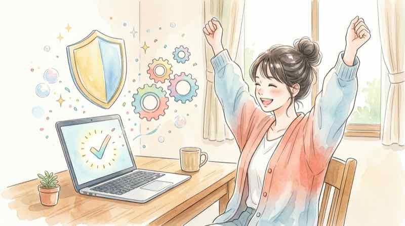 最新のWindows 11でも更新を確認しようと呼びかける、ノートパソコンと確認マークのイラスト