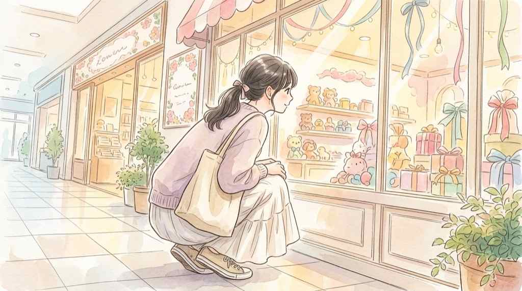 ワークマン サンリオ どこで買えるのかを考える女性を描いた水彩イラスト