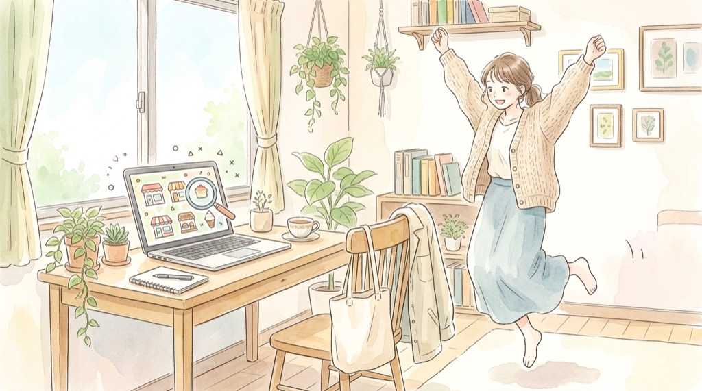 ワークマン サンリオ 在庫確認の手順を試す女性を描いた水彩イラスト