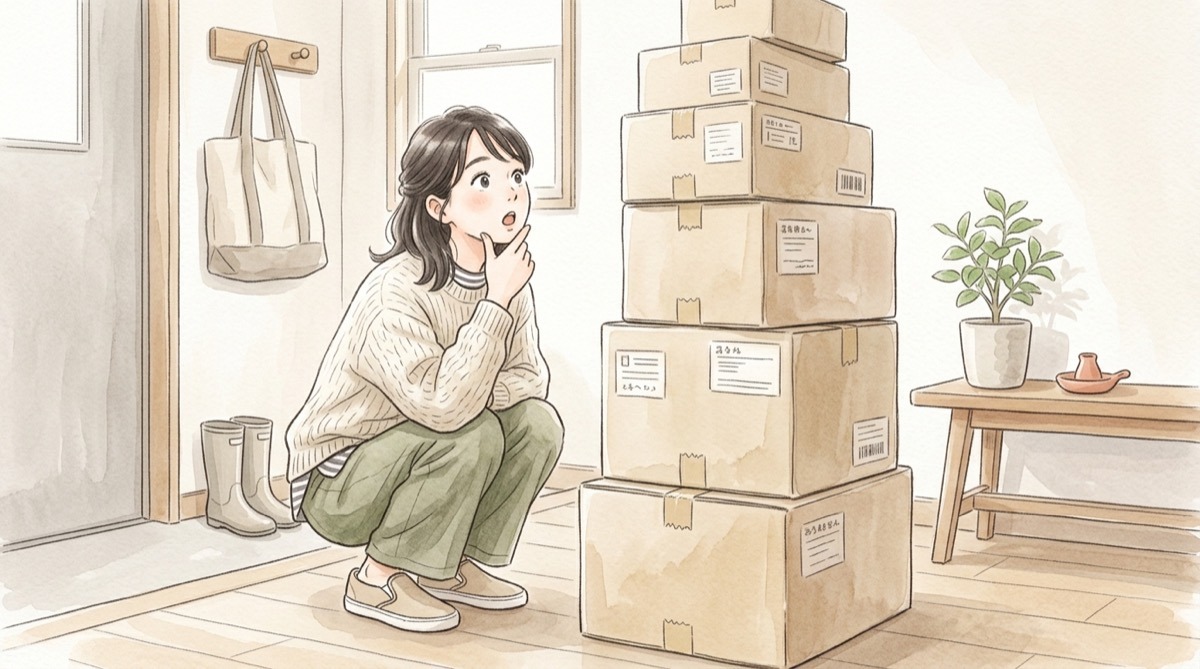ヤマト情報漏洩でAmazon・楽天の荷物は対象か不安になり、宅急便の箱を見つめる女性