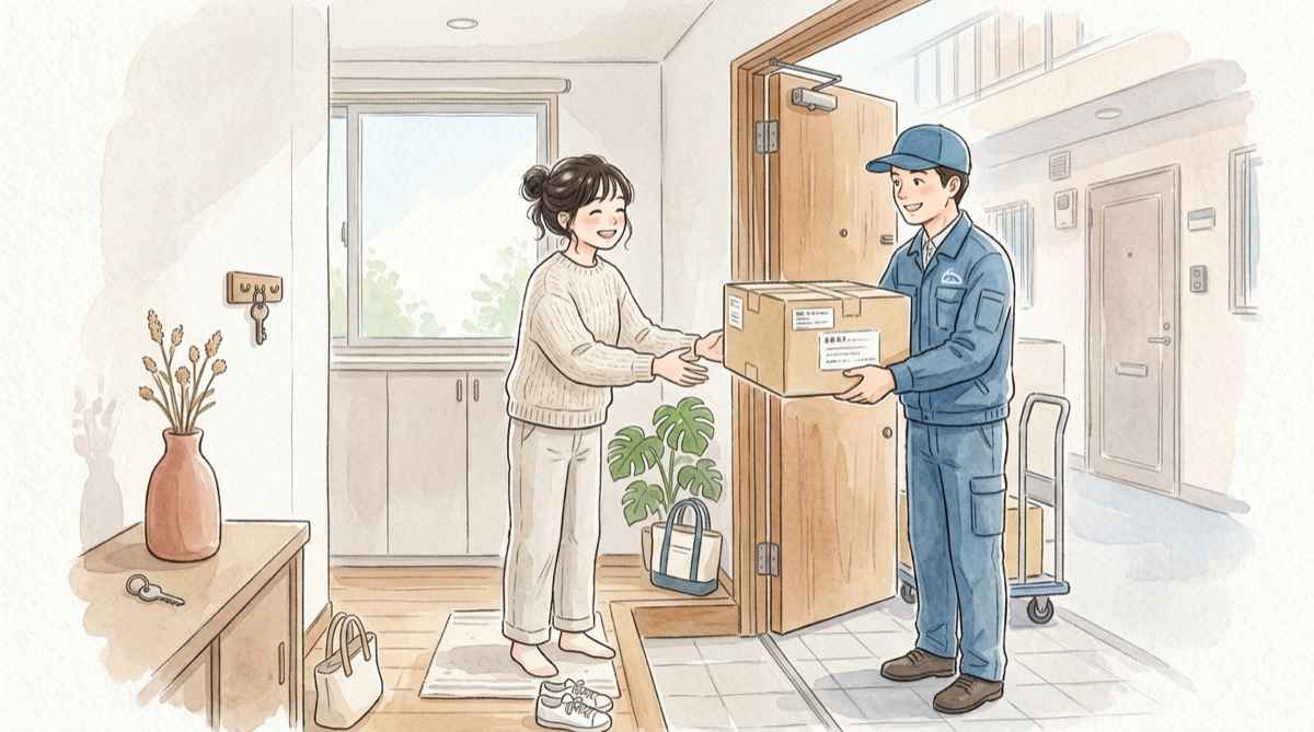 クロネコ代金後払いの対象かどうか、届いた宅急便の荷物を前に確かめる女性