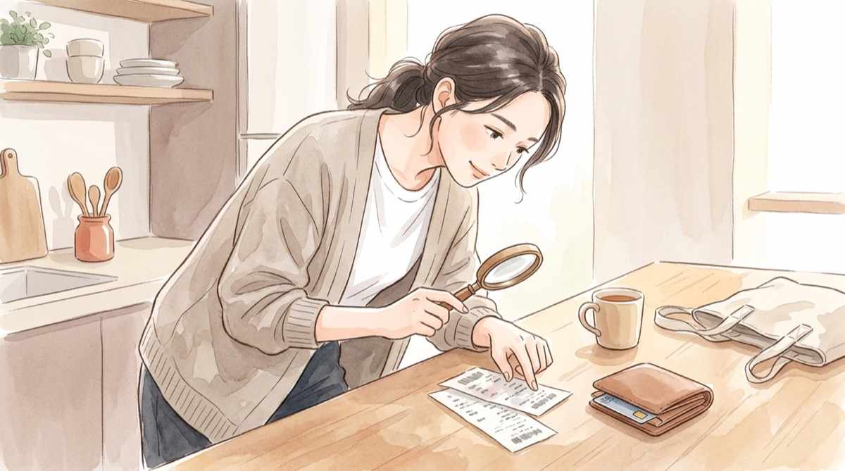 商品明細とクレジットカード情報の安全性を、請求書を見比べて確かめる女性