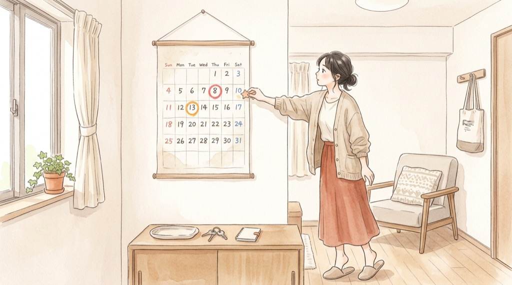年末ジャンボ2026の発売日をカレンダーで確かめる女性のイラスト