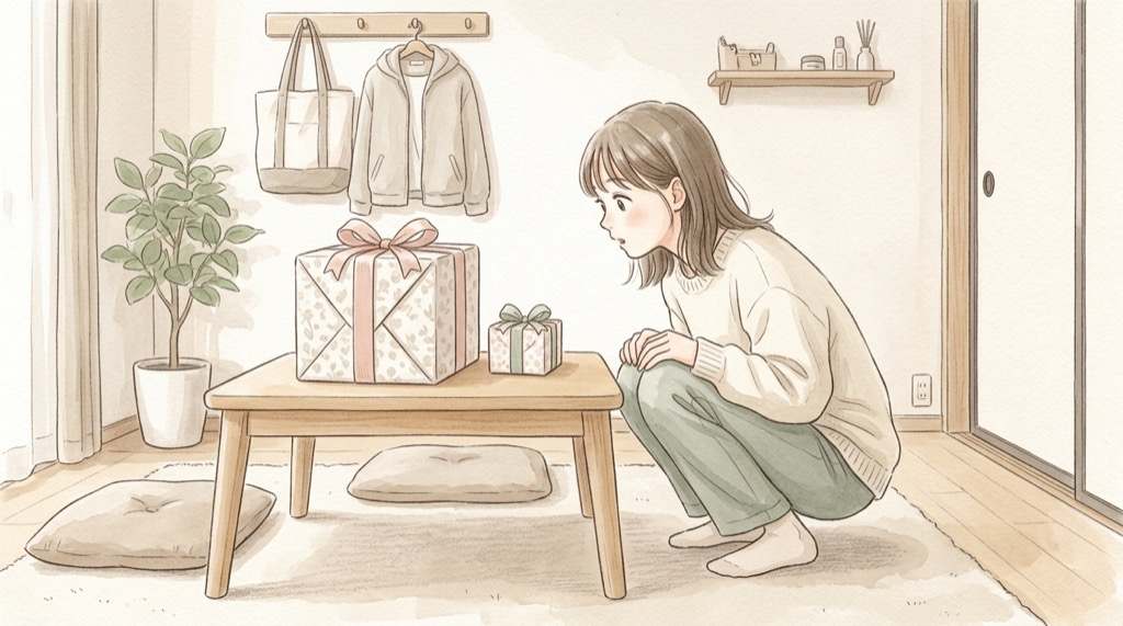 年末ジャンボと年末ジャンボミニの当せん金を見比べる女性のイラスト