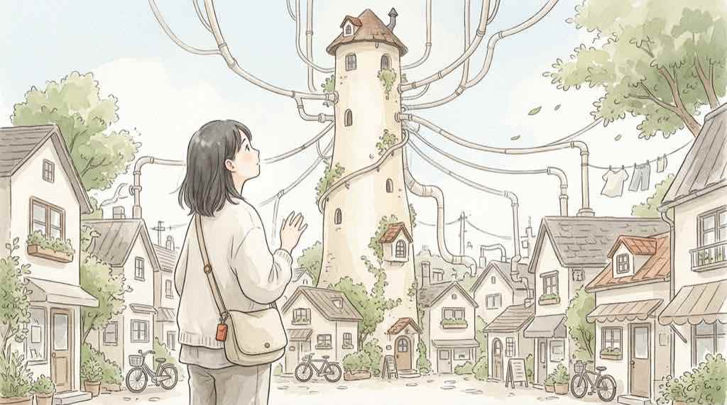メール配信サービスの委託先から複数の企業へ影響が広がる仕組みの水彩イラスト