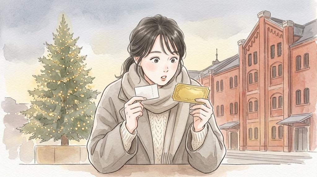横浜クリスマスマーケット2026のチケット料金を見比べる女性のイラスト