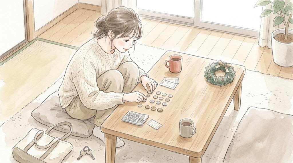 横浜クリスマスマーケット2026の入場料を電卓で計算する女性のイラスト