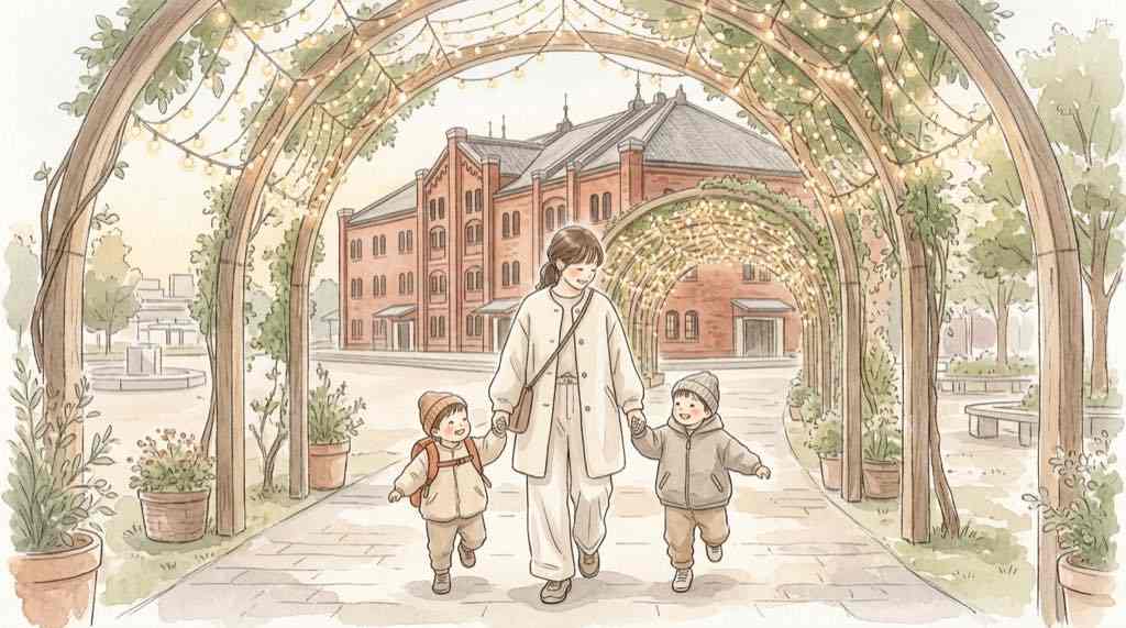 横浜クリスマスマーケット2026で子どもが無料になる条件を確かめる家族のイラスト