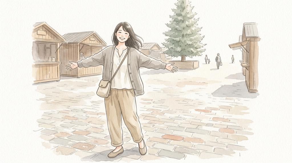 横浜クリスマスマーケット2026の混雑を避けて歩く家族のイラスト