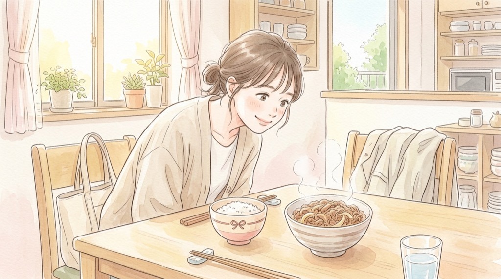 吉野家 ハローキティ どんぶりの限定発売を紹介する水彩イラスト