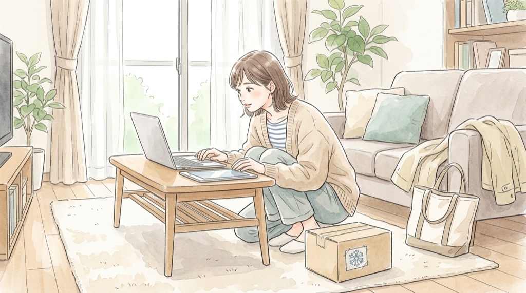 吉野家 ハローキティ どこで買える？公式通販とモールの購入先を示す水彩イラスト
